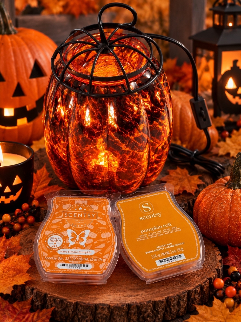 Scentsy🎃 New Tigers Eye Pumpkin Full Size With  Pumpkin Roll &Smore Wax.